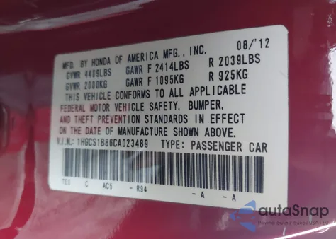 2012 Honda Accord 2.4 Ex-L z USA, uszkodzony, nr VIN 1HGCS1B86CA023489